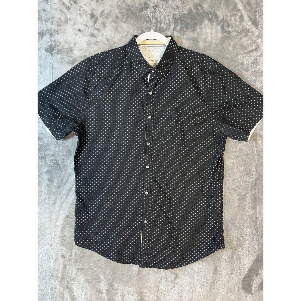 Craft + Flow Mens Large Black Geometric Micro Print Short Slv Button Down Shirt
